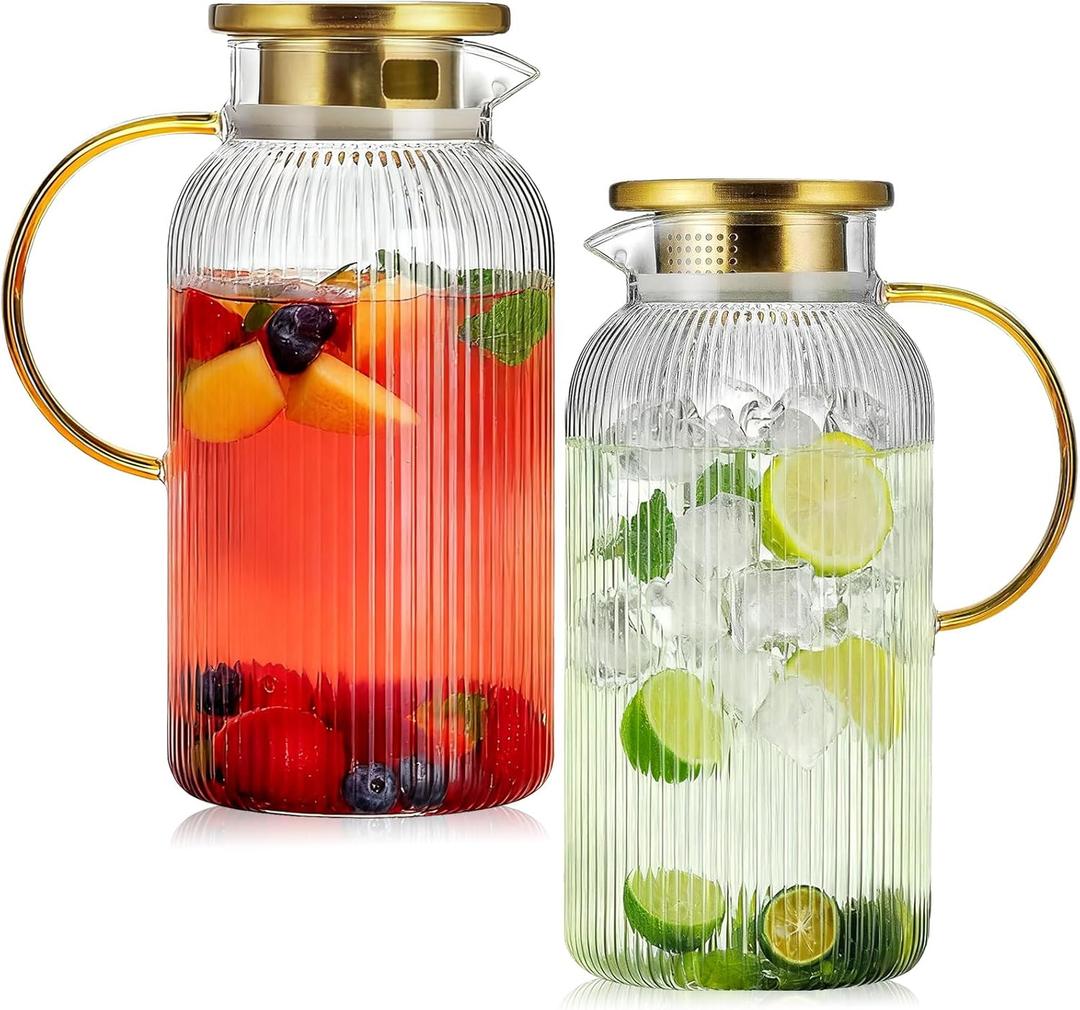 2 Pack Glass Pitcher with Lid, 68 oz/2 Liter Vertical Stripe Round Pitcher with Handle, Heat Resistant, Suitable for Refrigerator Storage, Iced Tea, Coffee, Lemonade, Juice, and Beverage Container
