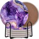 Purple Agate Marble Round Coasters Set of 6 - Abosrbent Ceramic Coasters with Metal Stand for Drinks, Coffee, Non-Slip Cork Back for Tabletop Protection, 4 Inches Marbled Pattern (Amethyst)
