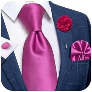 DiBanGu Silk Ties for Men Necktie and Lapel Pin Brooch Set Formal Woven Paisley Plaid Striped Solid Tie Wedding Party, Hot Pink