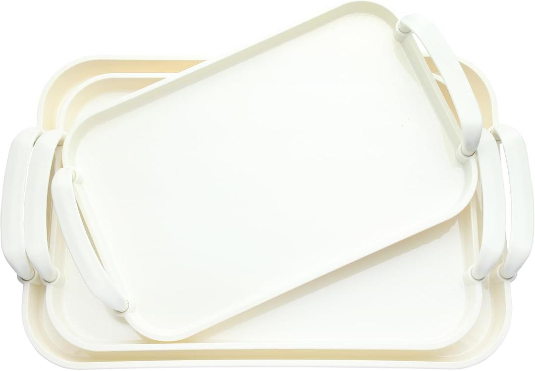 3 Pack Serving Tray with Handles, Stackable Reusable Trays for Serving Food, Plastic Serving Platters for Party, Charcuterie, Fruit, Appetizer, Solid Cream