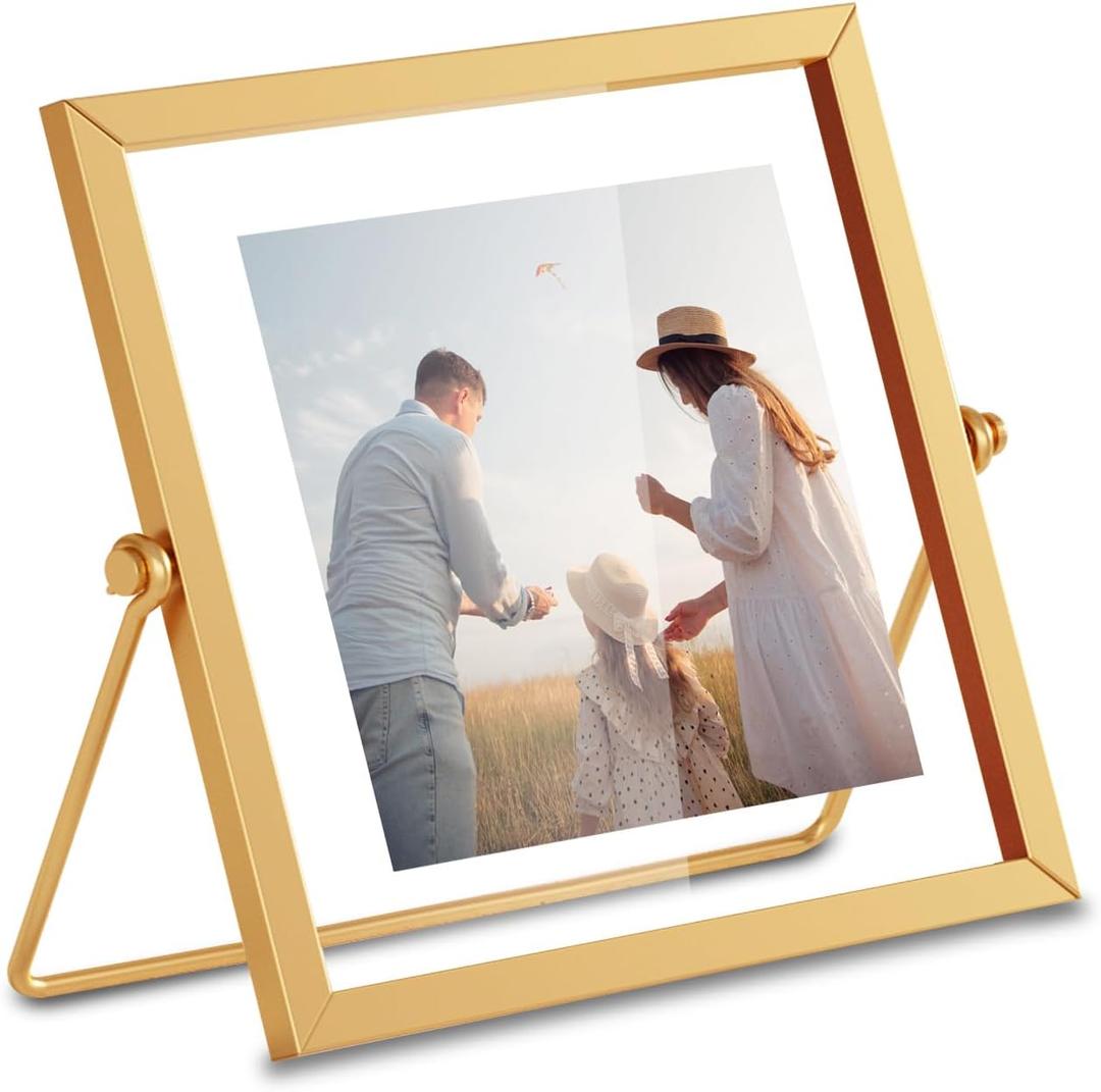 4x4 Floating Picture Frame, Gold Small Photo Frame, Metal Pressed Flowers Desk Picture Frame with Glass, Great for Photos, Gift, Pictures, Wedding, Portraits