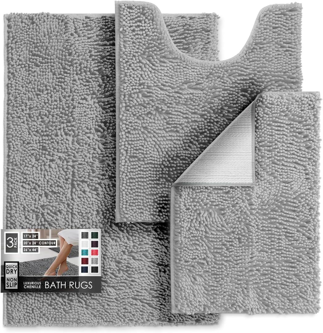 Hearth & Harbor Bathroom Rugs, Chenille Bath Mat - Machine Washable Bath Mats for Bathroom Non-Slip Backing Rubber, Quick Dry Mat - Silver Bath Rug, 17x24-26x44-20x24