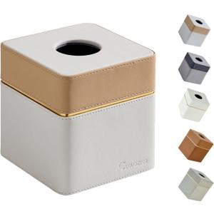 Tissue Box Holder Cover Square, Modern PU Leather Decorative Tissue Cube Holder Organizer-Apricot Cream