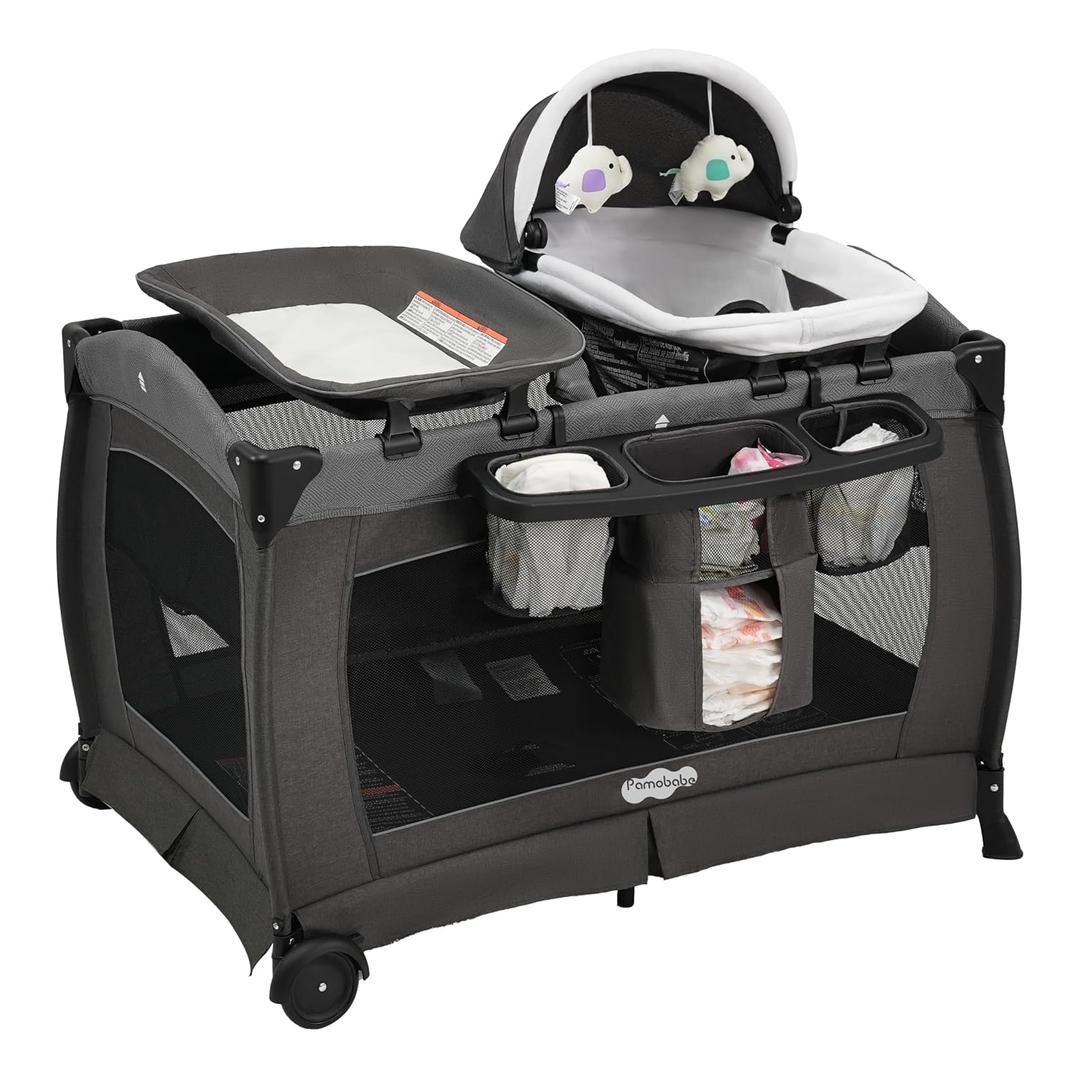 Pamo Babe Pack and Play with Bassinet Baby Playpen Foldable Playard with Changing Table Portable 4 in 1 Baby Playard, Black