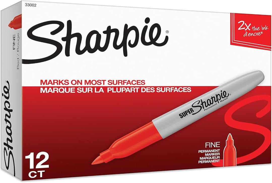 Sharpie Super Permanent Markers, Fine Point, Red, 12 Count