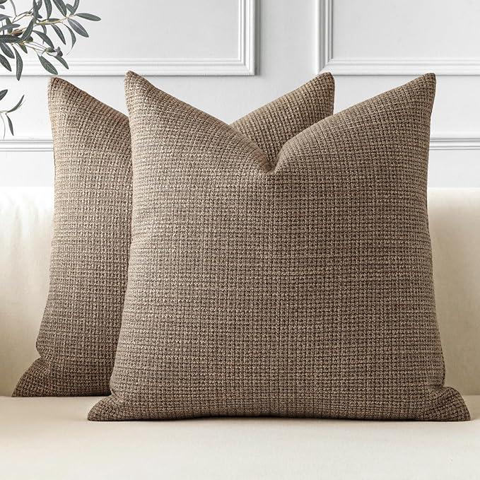 Pack of 2 Throw Pillow Covers 18x18 Inch Linen Coffee Brown Pillowcases Farmhouse Decorative Solid Pillow Covers 45x45 cm Square Cushion Case for Home Decor Sofa Couch Bed (Coffee Brown)