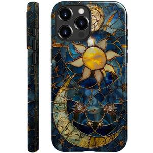 Generic Case Compatible with iPhone 15 Pro - Glossy Hybrid Durable Shockproof Phone Cover,Cases for Woman Girl - Moon Stars Celestial Glass