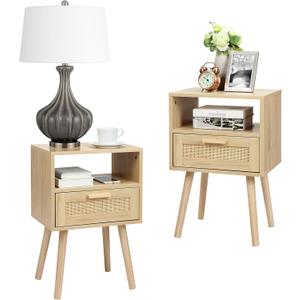 Finnhomy Nightstands Set of 2, End Table, Nightstand, Side Table with Hand Made Rattan Decorated Drawers, Wood Accent Table with Storage for Bedroom, Natural
