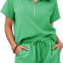 Aoysky 2 Piece Outfits Short Sets for Women Sweatsuit Casual Tracksuits Summer Half Zip Ruffle Tops Matching Sets, Medium