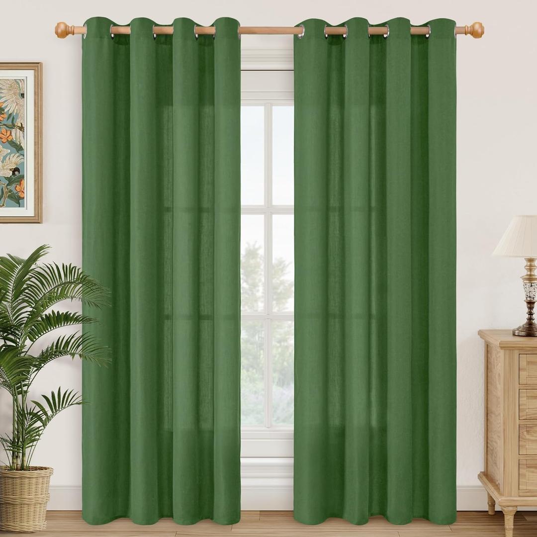 YoungsTex Olive Green Linen Curtains for Living Room 84 Inches Length, Grommet Light Filtering Drapes Privacy for Bedroom Dining Room Farmhouse Spring Decorative, 2 Panels, 52 X 84 Inch