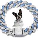 Blue Chain Dog Collar for Medium Dogs, Bling Diamond Cuban Link Dog Collars Glitter Rhinestone Dog Necklace Blue, 20 inch(Neck17-19")