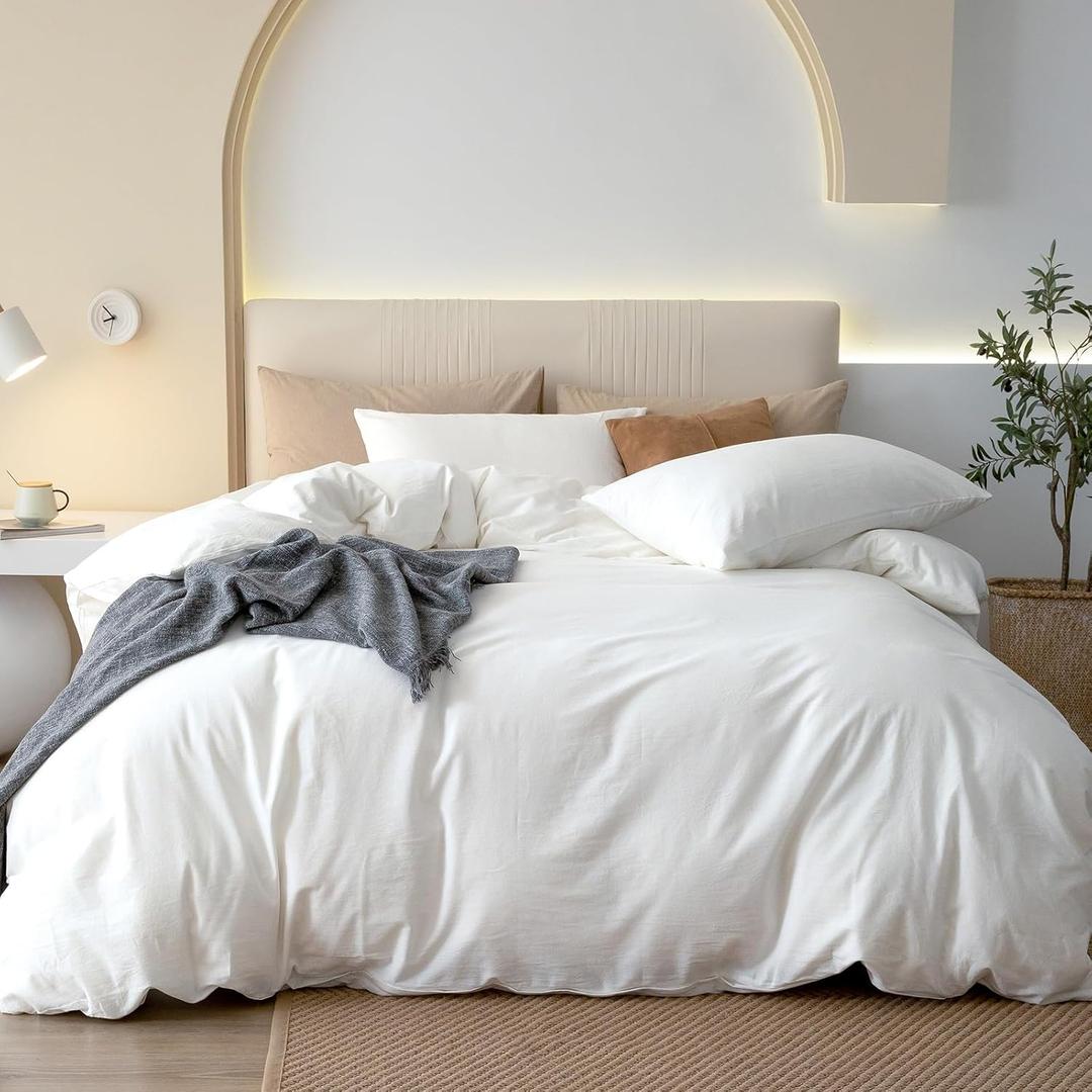 JIYUAN 100% Washed Cotton Duvet Cover Set 3 Pieces Oversized Queen, 1 Duvet Cover 98x98 Inches(Comforter Not Included) and 2 Pillowcases,Linen Feel Bedding Set Comfy and Breathable,Bright White