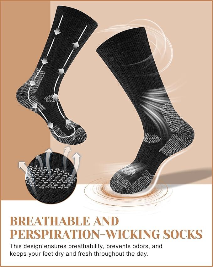 3 Pairs Merino Wool Hiking Socks Warm Thermal All Seasons Cushioned Moisture Wicking Socks for Women & Men, L