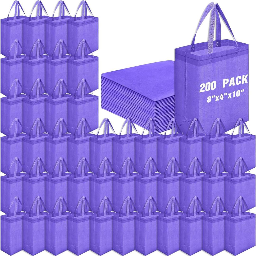 Windyun 200 Pcs Reusable Tote Bag Bulk 8 x 4 x 10 Inch Non Woven Shopping Bag with Handle Portable Grocery Bags Gift Tote for Merchandise Events Parties Boutiques Retail Stores (Purple)