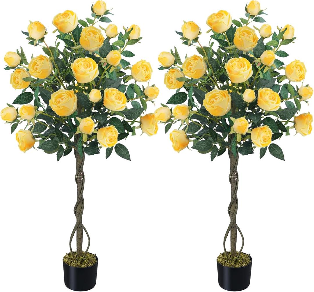HUAESIN 2 Pack 47.2"/4FT Artificial Rose Tree Fake Outdoor Tree with 52 Blooming Flowers Yellow Tree for Home Front Door Winter Christmas Indoor Decor (Including Dried Moss) (Yellow)