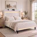 Aelawe Queen Bed Frames with LED Lights and Charging Station, Platform Bed with Metal Slats, Wood Headboard with 2 Fabric Drawers and Storage Shelves, No Box Spring Needed