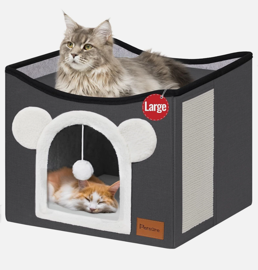 Persure Cat House Cat Beds for Indoor Cats Large Foldable Multifunction Cat Cave for Pet with Hover Ball and Scratching Board (Dark Grey, Large Cat House)