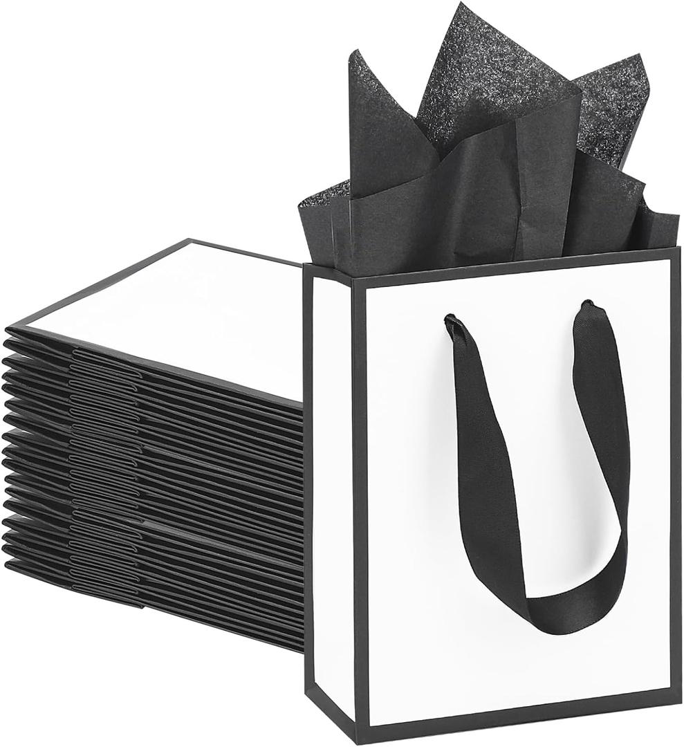 QIELSER White and Black Gift Bags with Handles 4.7x2.3x6.3 Inches Small Paper Bags with Tissue Paper Gift Wrap Bags for Party Favors, Birthday Gifts, Weddings, Baby Showers, Goodie Bags (30)