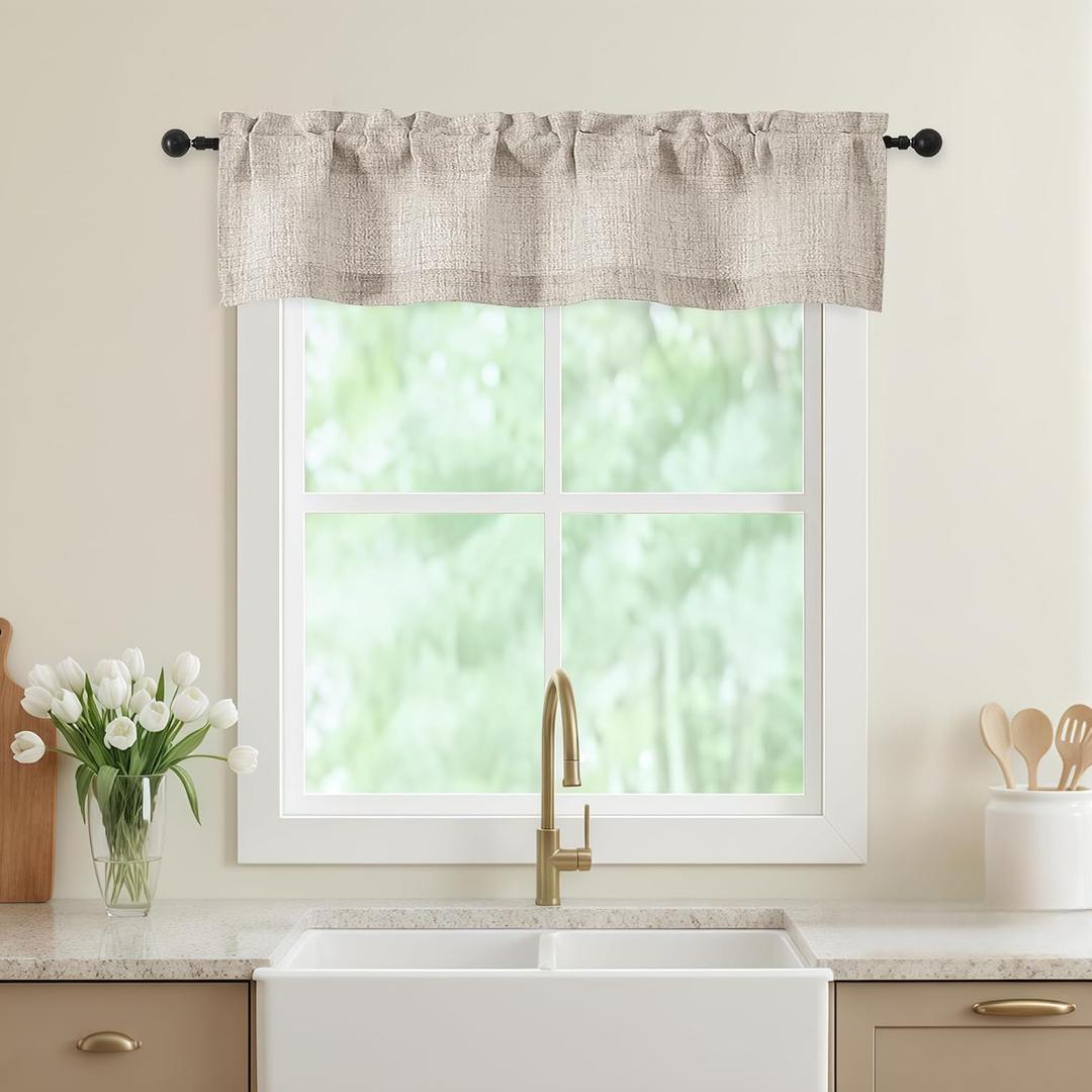 Valances for Windows, Light Filtering Faux Linen Textured Small Short Valance Curtains for Bathroom Basement Farmhouse, Rod Pocket Top Half Curtains for Windows, Linen 52Wx12L Inch, 4 pack
