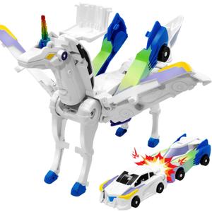 Unicorn Collision Transforming Cars Toy for Girls Boys, 2 Magnetic Cars Transform into Magical Unicorn Collision Transforming Robot Cars Toy Deformation Christmas Birthday Gifts for Kids Blue