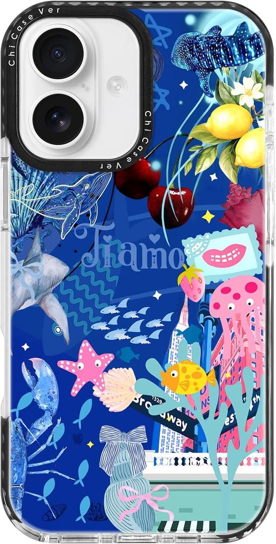 Voyage iPhone 16 Plus Case Pink Ocean Adventure Collage Pattern Military Grade Drop Protection Slim TPU with Camera Protection, Aesthetic Summer Design for Women Girls (BlueOctopus)