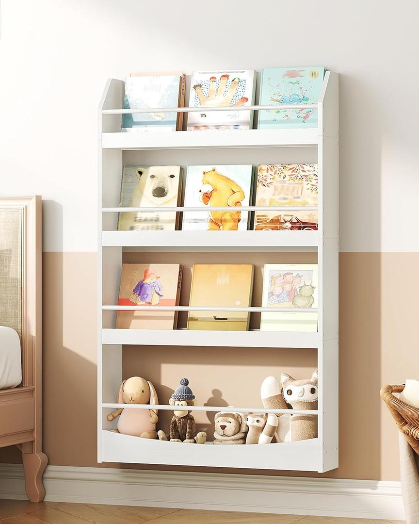 Kids Bookshelf, 23.6 Inch Wall Mounted Bookshelf, 4-Tier Nursery Book Shelves, Book Shelf for Kids Room, Bedroom, Living Room, Playroom, White MCW13WB