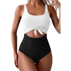 Eomenie Women's One Piece Swimsuit Tummy Control Slimming Bathing Suit Cutout Tie Knot Swimwear (Large, White Black Color Block)
