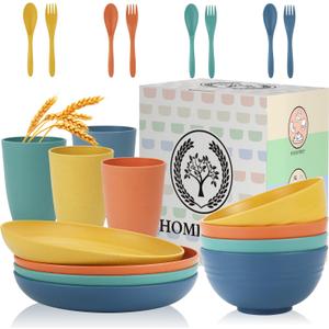 Homienly Wheat Straw Plates and Bowls Sets, 20 PCS Dishes Dinnerware Sets,Unbreakable Microwave and Dishwasher Safe Dish Set, Reusable Kids Plates and Bowls Sets for Kitchen, Outdoor, RV (Multicolor)