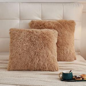 LIFEREVO 2 Pack Fluffy Faux Fur Pillow Shams,18 x 18 Inches Throw Pillow Covers,Luxury Decorative Furry Pillowcases Cushion Cover for Christmas,Zipper Closure,No Pillow Insert, Camel