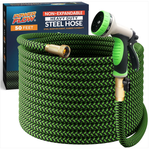 PowerFlow Garden Hose, NON-EXPANDABLE 50 Feet Premium Quality Stainless Steel Metal Water Hose with Durable Fabric Skin, Hose For Commercial, Residential Use, Bonus 10-way Spray Nozzle (50 Ft, Black)