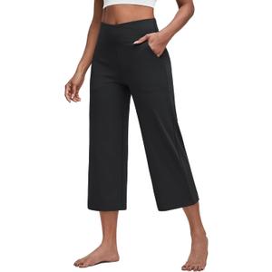 G4Free Capri Pants for Women Wide Leg Yoga Dress Capris with Pockets Cross Loose Casual Work Crop Pants (Black, M)