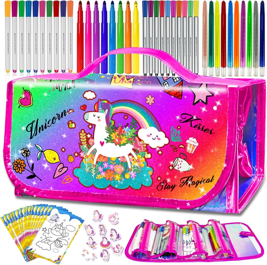 56 PCS Washable Scented Markers with Glitter Pencil Case, Mermaid Unicorn Arts and Crafts for kids 4-6-8 Kids Coloring Drawing Kits for 4-8 Years Old Girls Xmas Gifts Stocking Stuffers (Rainbow, 70)