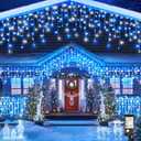 Blue and White Christmas Lights Outdoor, 33ft 400 LED Icicle Lights for Outside, Plug in Twinkle Lights with Clear Wire 8 Modes Timer Waterproof for House Holiday Xmas Patio Porch Exterior Decorations