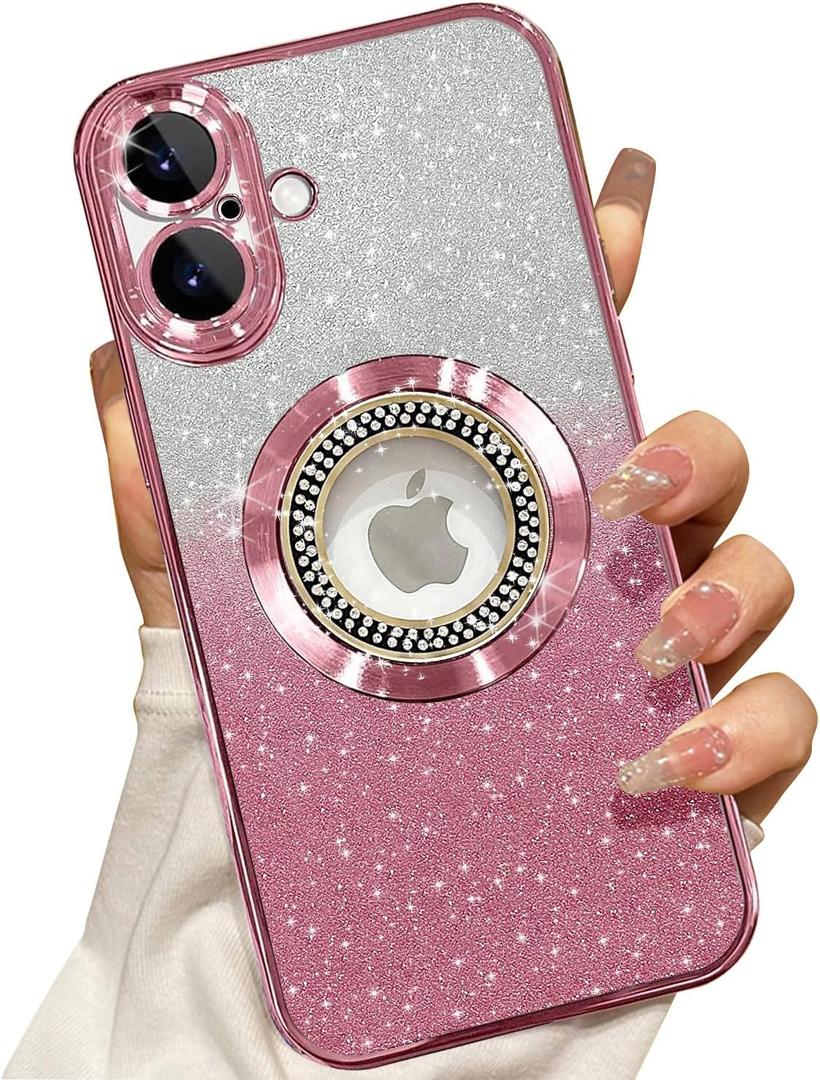 Misscase for iPhone 16 Plus Magnetic Glitter Case Compatible with MagSafe,Full Protection Slim Shockproof Anti-Scratch Case with Camera Lens Protector Logo View Dust-Proof Net for Women Pink