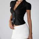 Women's Striped Puff Short Sleeve Blouse Collared Button Down Summer Shirts (Black, M)