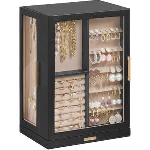 360 Rotating Jewelry Box with 7 Drawers, Spacious Vertical Jewelry Organizer with Glass Window, Jewelry Storage Case, Dustproof & Moisture-resistant Design, Black