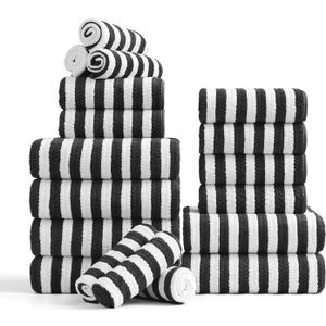 18-Piece Microfiber Bath Towels Set - 6 Bath Sheet, 6 Hand Towels, 6 Washcloths, Soft, Highly Absorbent Bathroom Towel, Quick Dry & Less Lint Shower towel for Bathroom, Hotel, Spa, Dorm-Black White, Towel Set - Pack of 18