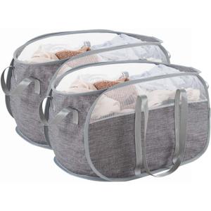 TECHMILLY Collapsible Laundry Basket, Foldable Tear Proof Mesh Pop Up Hamper with Reinforced Carry Handles for Laundry, Bathroom, Dorm or Travel (Grey, 2 Pack)