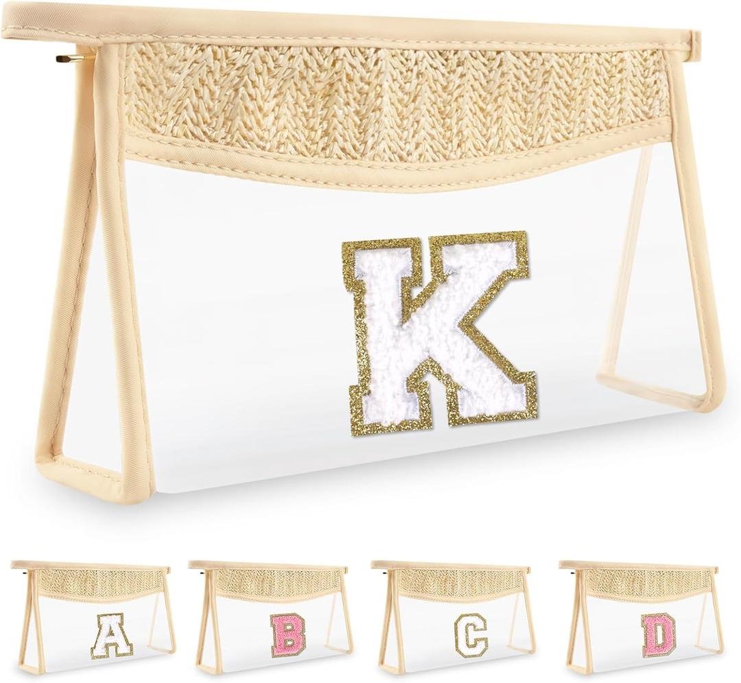 UIXIZQ Personalized Initial Letter Bag Boho Straw Clear Makeup Bag, Small Cute Chenille Varsity Letter Pouch With Zipper, Beach Travel Toiletry, Portable Monogrammed Cosmetic Bag for Women Girls, K
