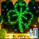 St Patricks Day Decoration Window Lights, 13.2" Lighted Green Clover Shamrock Silhouette with 8 Modes, USB Powered & Remote Control, Timer St Patrick's Day Shamrock LED Lights for Home Wall Indoor