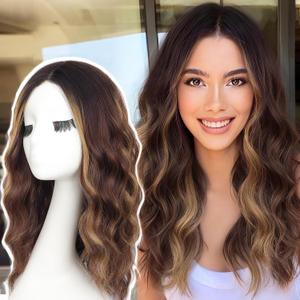 AISI HAIR Wig for Women Medium Length Wave Curly Glueless Synthetic Heat Resistant Hair Wigs for Daily Party Cosplay (Highlights Brown, 18 inch)