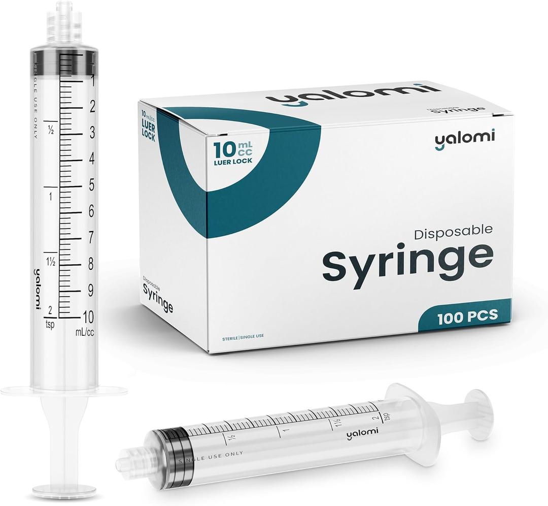 10mL Luer Lock Syringe (No Needle) | Sterile & Individually Wrapped | Professional, Industrial & Personal Use | 100 Pack | Yalomi