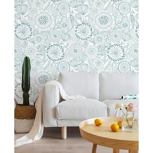 CiCiwind Blue Peel and Stick Wallpaper Fun Boho Floral Wall Paper Moden Farmhouse Contact Paper Removable Self Adhesive Eco-Friendly Wallpapers for Bedroom Bathroom Cabinet Shelf Drawer 17.3" x 78.7",2pcs