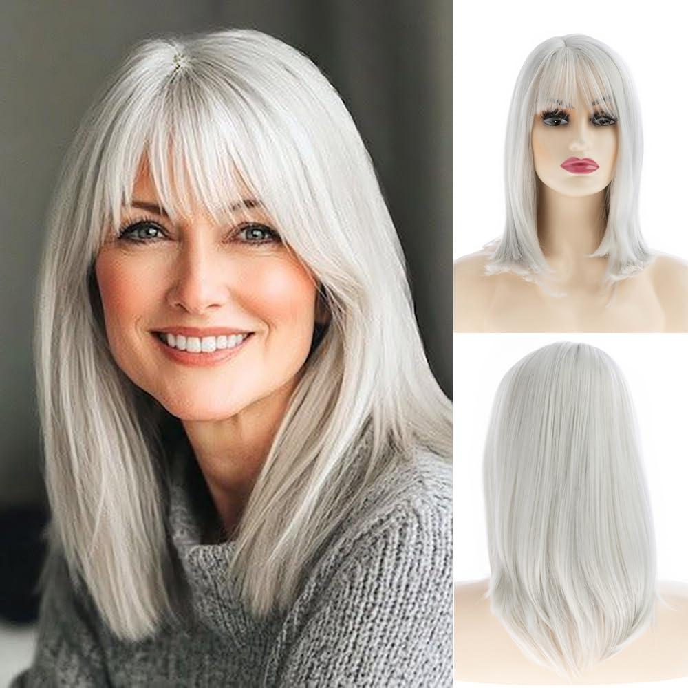 Long Silver Wigs for Women Natural Straight Wig with Bangs,Synthetic Hair Wig for Daily Party Use (White)