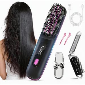 Cordless Hair Straightener Brush, Rechargeable Hot Comb Hair Straightener with 3 Temp Settings, Anti-Scald Portable Hair Straightening Brush with 300 Million Negative Ions for Home Travel