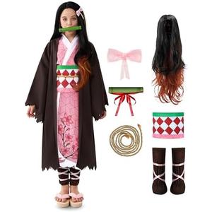 Spooktacular Creations Halloween Ninja Costumes for Kids, Girls Kimono Set with Wig, Toddlers Pink Anime Outfit Medium