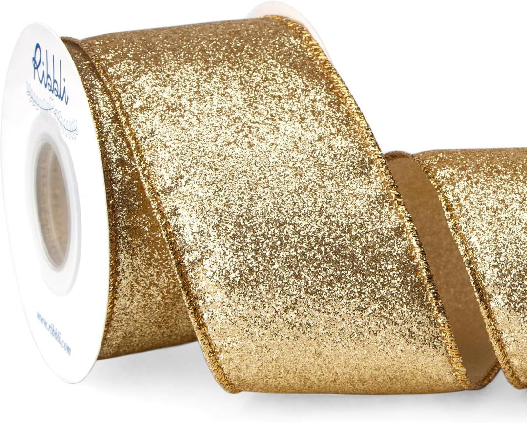 Ribbli Gold Glitter Wired Ribbon with Gold Metallic Edge,Christmas Ribbon for Wreath, Tree Decoration, Home Decor, 2-1/2 Inch x 10 Yards