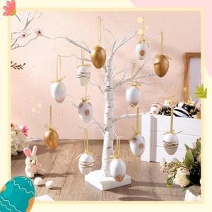 RoundFunny 24 Pcs White Gold Neutral Easter Egg Ornaments Tree Decoration Plastic Speckled Egg Hanging Ornament Bulk 2.36'' Rustic Easter Decorations for Basket DIY Crafts Holiday Party Favors