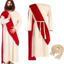 Haull Jesus Biblical Costume Adult Men Robe Costume Includes Scarf Waist Rope (X-Large, White, Red)