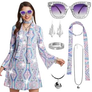 Gerophor 70's Disco Dress Costume Hallowmas Hippie Clothes Accessories Jewelry 70s Outfit Women Disco Uutfits for Women for Halloween XL